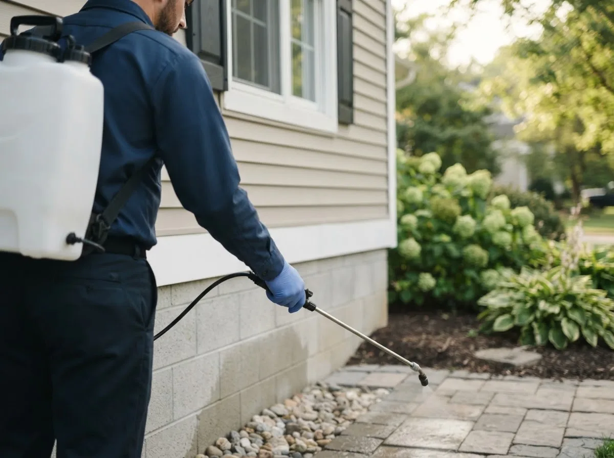 Pest control technician inspecting a home in Many, LA